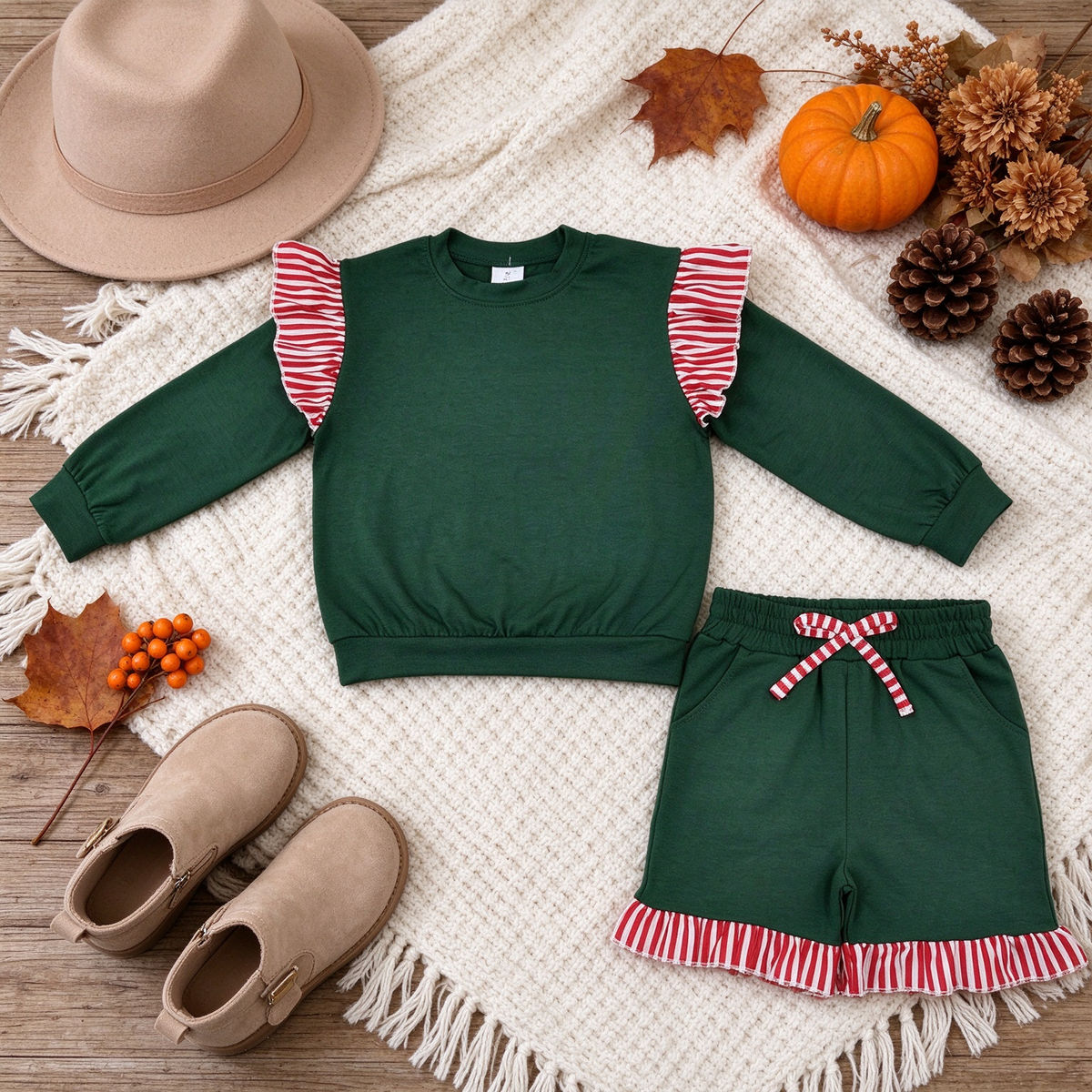 NEW RTS NO MOQ milk silk GLS0223（GT1850+SS1002）Baby Girls Green Red Stripe Flutter Sleeve Top Pockets Ruffle Short Set