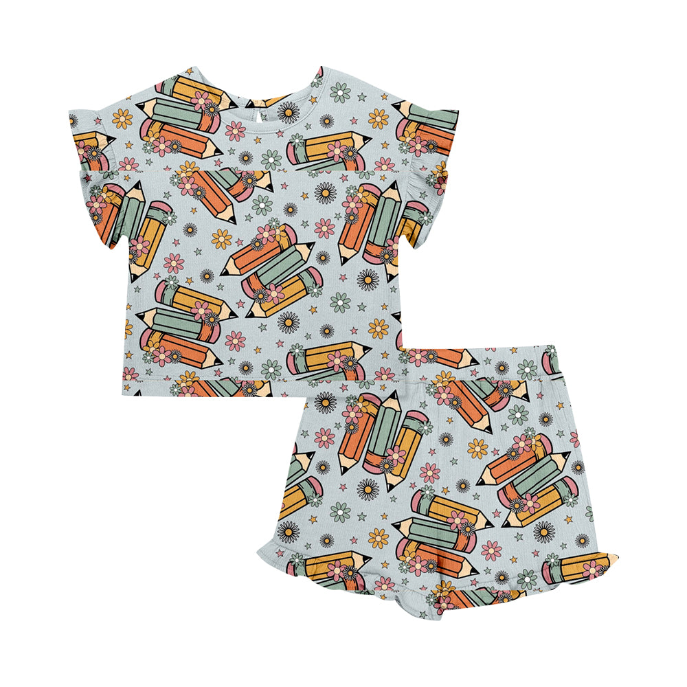 Custom moq 5 mix size Baby Girl's Short-Sleeved Top And Shorts Back To School  Set Cute Outfit