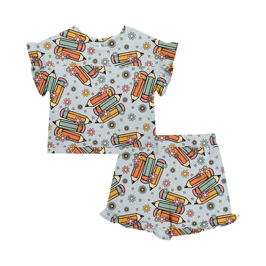 Custom moq 5 mix size Baby Girl's Short-Sleeved Top And Shorts Back To School  Set Cute Outfit
