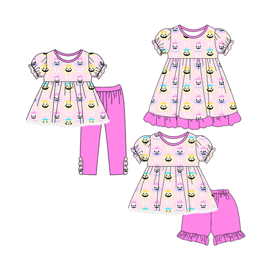 4.26 custom each style moq 5eta 4-6week Sibling Sisters pumpkin bow baby girl short sleeve shorts sets and pants sets and dress match family design