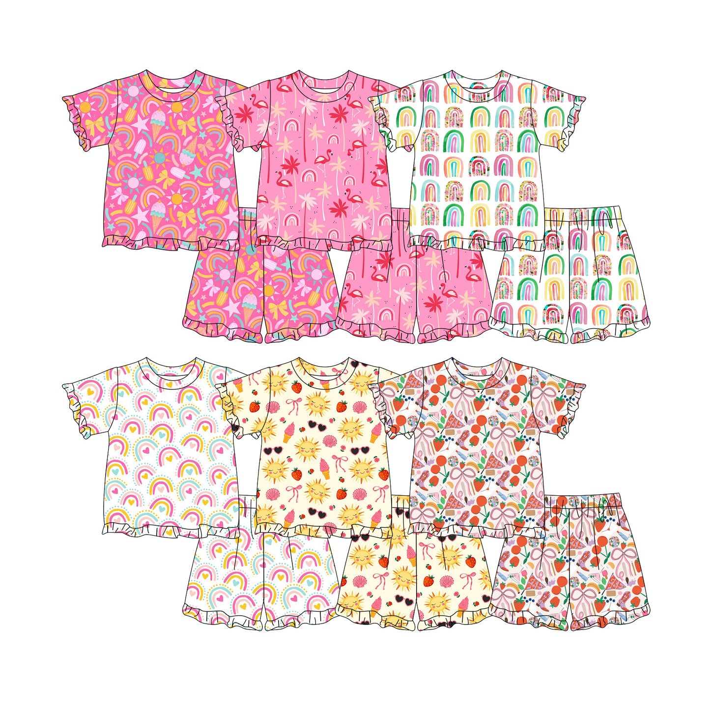 Custom moq 5 mix size Sibling Baby Girls Printed Short-Sleeved Pajama Set with Top And Shorts Comfortable Sleepwear
