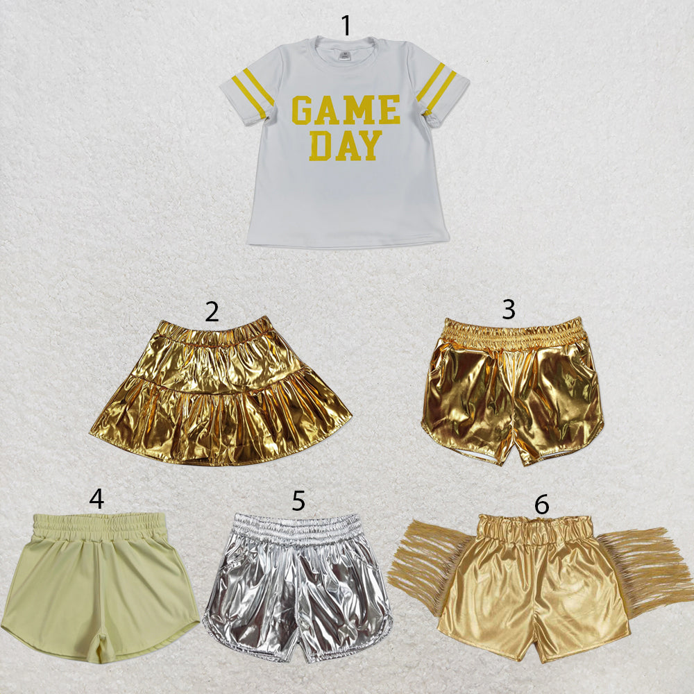 RTS NO MOQ Sibling yoga fabric Baby Girls Yellow Vinyl Game Day Print Top Shorts Two Piece Team Active Clothes Set