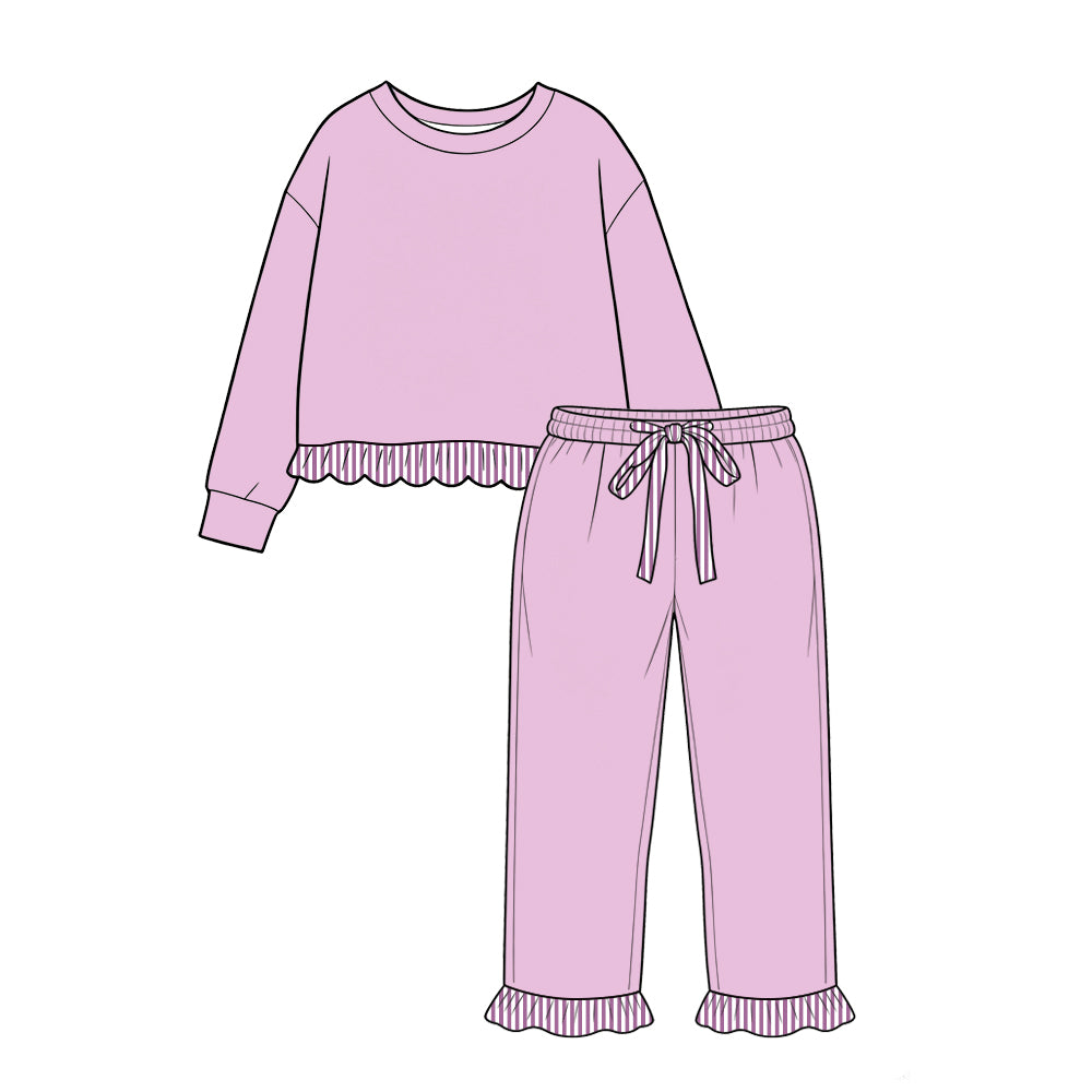 custom moq 5 mix size Baby Girls Light Purple Striped Ruffle Trim Long Sleeve Top And Drawstring Striped Ruffle Pants Set