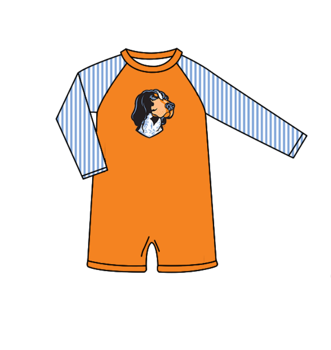 Custom moq 5 mix size milk silk summer teams baby girl boys clothes Orange Two-Piece Swimsuit Set One Piece Swimsuits boy swim trunks
