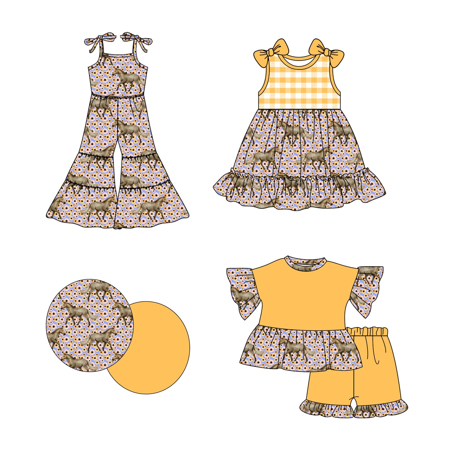 2.21 custom each style moq 5eta 4-6week Sibling Sister horse baby girl sets and dress and jumpsuit match family design