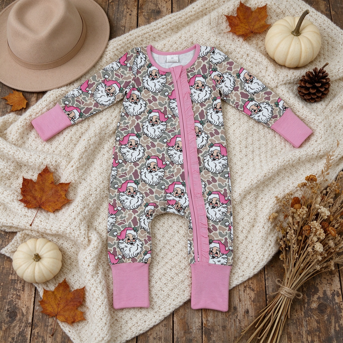 NEW RTS NO MOQ milk silk LR3305 Baby Girls Khaki Camo Santa Print Christmas Long Sleeve Two Way Zip Ruffle Convertible Rompers