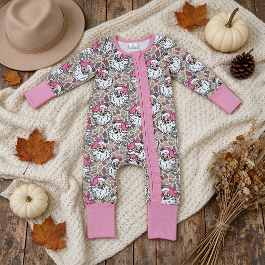 NEW RTS NO MOQ milk silk LR3305 Baby Girls Khaki Camo Santa Print Christmas Long Sleeve Two Way Zip Ruffle Convertible Rompers