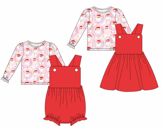 25.5.29 custom each style moq 5eta 4-6week Sibling Sisters Christmas red baby girls short sleeve dress and short sleeve rompers and top 1 and top 2 match family design