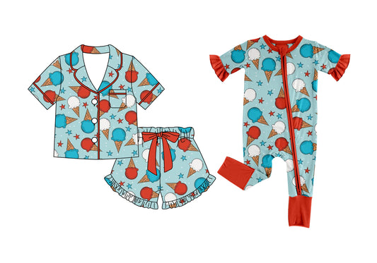 2.27 Custom moq 5 mix size Sibling blue Short-Sleeved Pajamas And Shorts Set Romper for Baby Girls 4th of July Sleepwear