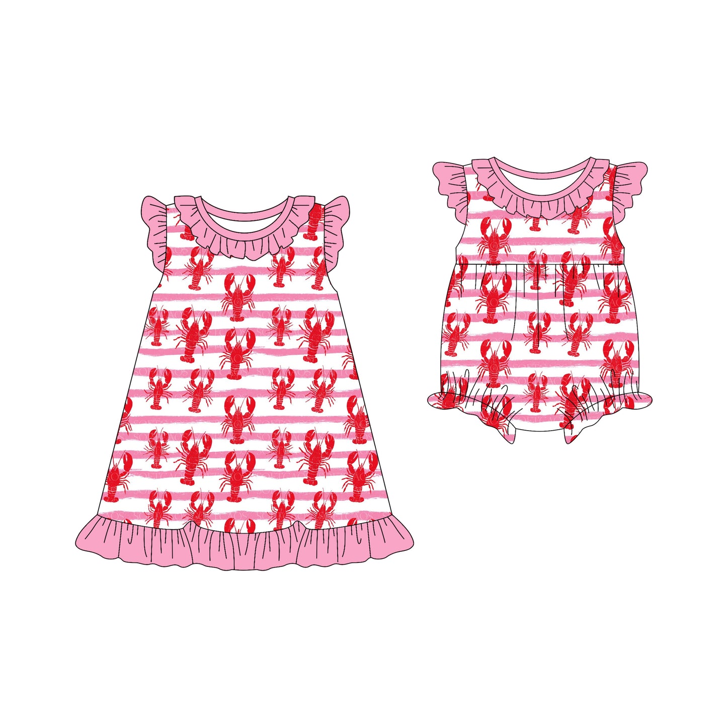25.12.12 custom each style moq 5 eta 6-8week Sibling Sister lobster baby short sleeve romper and dress match design