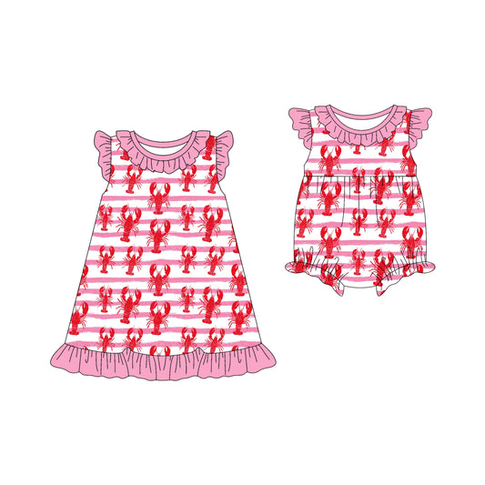 25.12.12 custom each style moq 5 eta 6-8week Sibling Sister lobster baby short sleeve romper and dress match design