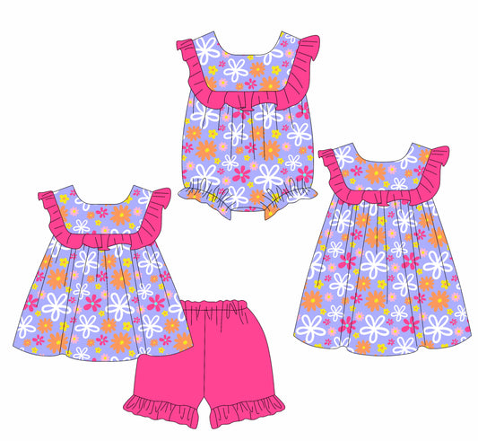 4.8 custom each style moq 5eta 4-6week Sibling Sisters flower purple baby girl short sleeve shorts sets and dress and rompers match family design