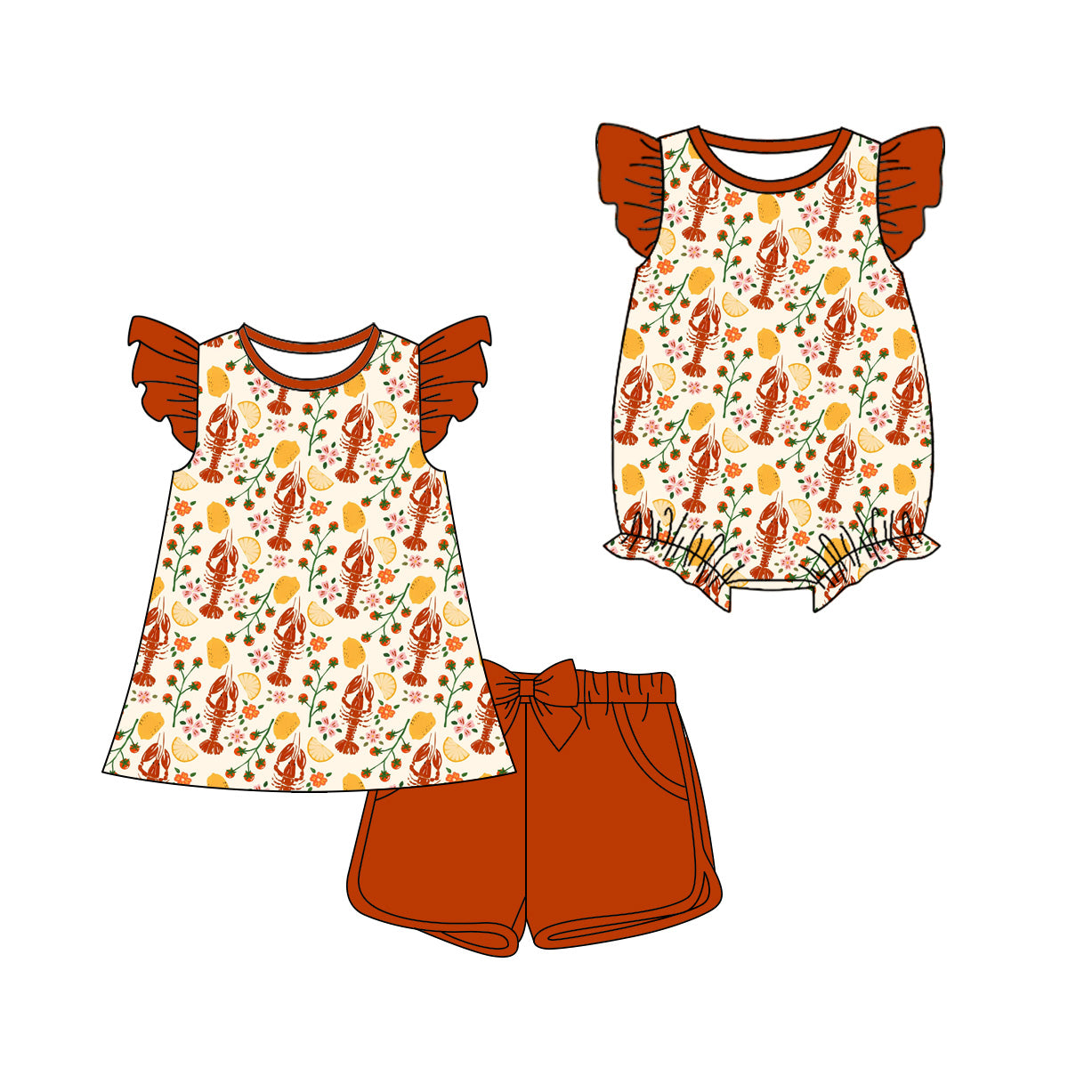 3.21 Custom moq 5 mix size Sibling Cute Clothes Baby Girl's Flutter Sleeve Top And Red Short Set Matching Romper for Summer