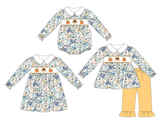 25.5.21 custom each style moq 5eta 4-6week Sibling Sisters pumpkin baby girl long sleeve pants sets and dress and rompers match family design