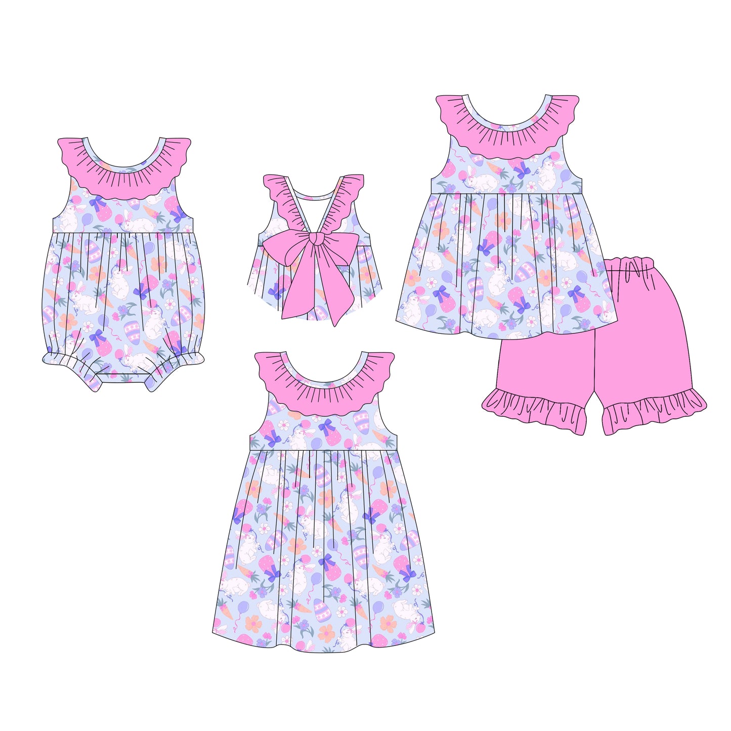 26.1.14 custom each style moq 5 eta 6-8week Sibling Sister bunny baby short sleeve shorts sets and romper and dress match design