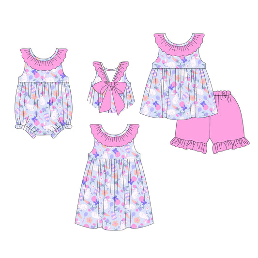 26.1.14 custom each style moq 5 eta 6-8week Sibling Sister bunny baby short sleeve shorts sets and romper and dress match design