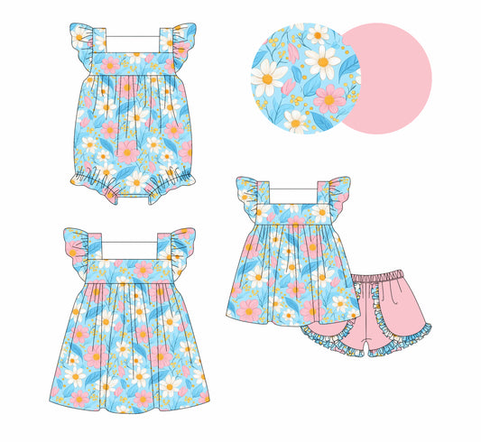 4.3 custom each style moq 5eta 4-6week Sibling Sisters floral baby girl short sleeve shorts sets and dress and rompers match family design