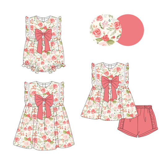 3.28 custom each style moq 5eta 4-6week Sibling Sisters floral baby girl short sleeve shorts sets and dress and rompers match family design