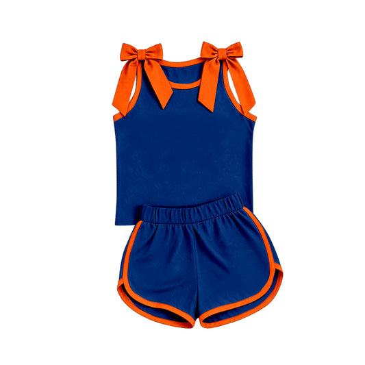 custom moq 5 mix size Baby Girls Orange Bow Sleeveless Navy Blue Top Shorts Team Athletic Set