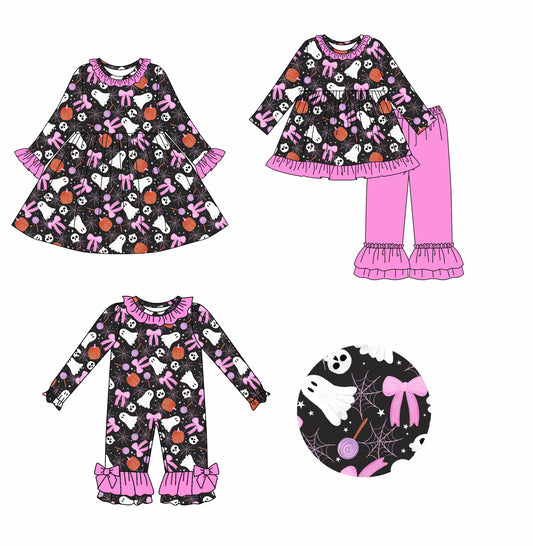 25.7.23 custom each style moq 5eta 4-6week Sibling Sisters ghost bow baby girl long sleeve pants sets and dress and rompers match family design