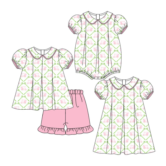 3.6 custom each style moq 5eta 4-6week Sibling Sisters bow baby girl short sleeve shorts sets and dress and rompers match family design