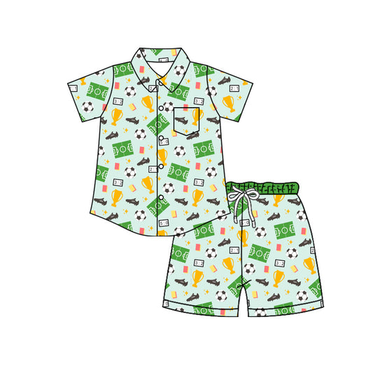 4.8 Custom moq 5 mix size Baby Boy Footballs Short-Sleeved Button-Down Top with Pockets And Shorts Set