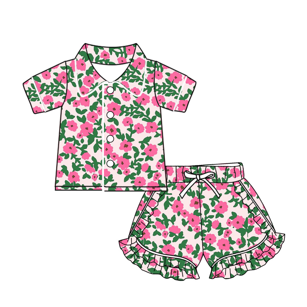 10.24 custom each style moq 5eta 4-6week baby kids clothes flower pink short sleeve shorts pajamas sets
