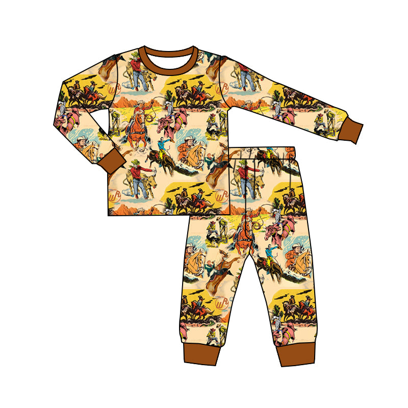 5.22custom each style moq 5eta 4-5week Sibling Sister Western denim print brown girls boys outfits and baby romper match family design