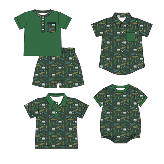3.10 Custom moq 5 mix size Sibling Baby Boy's Green Short-Sleeved Outfit Set with Matching Polo Shirt And Button-Down Shirt Romper