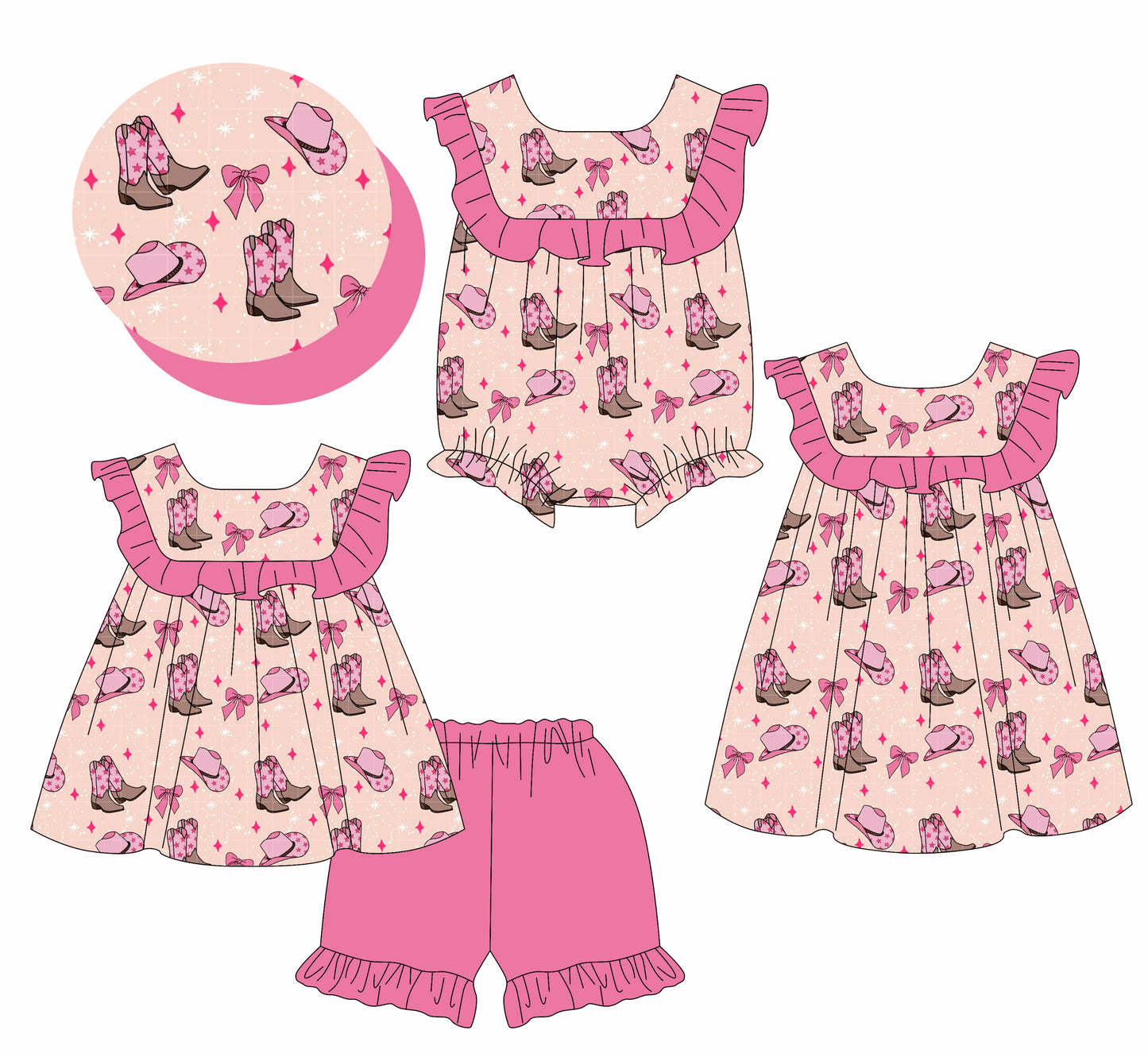 2.17 custom each style moq 5eta 4-6week Sibling Sisters boot hat bow baby girl short sleeve shorts sets and dress and rompers match family design
