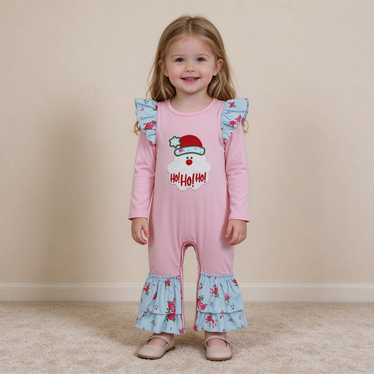 NEW RTS NO MOQ milk silk LR3215 Embroidery Flowers Santa Baby Girls Christmas Ruffle Pant Rompers Christmas Daily Wear Romper