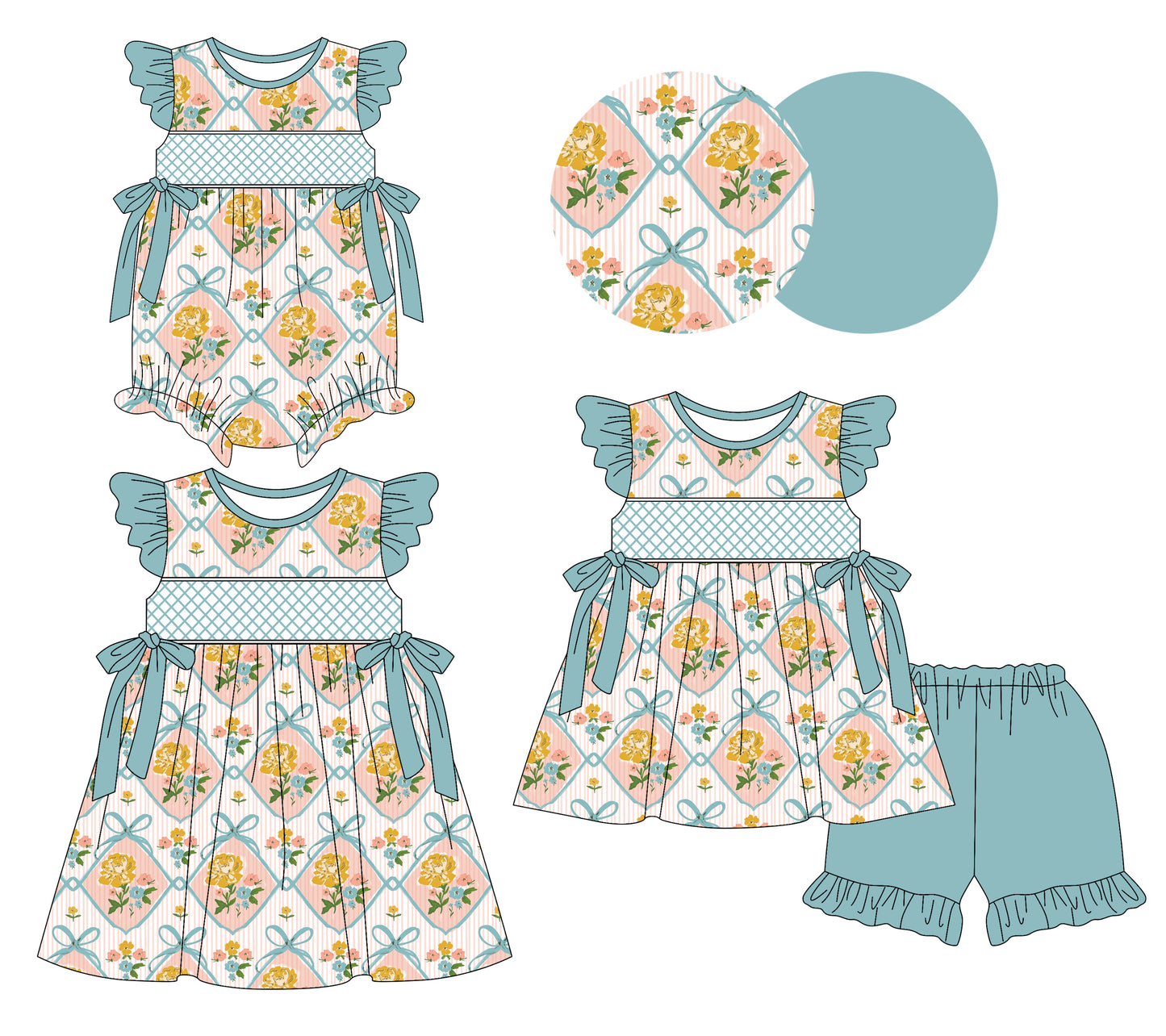 3.7 custom each style moq 5eta 4-6week Sibling Sisters bow floral baby girl short sleeve shorts sets and dress and rompers match family design