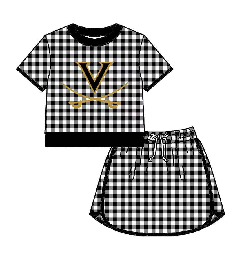 Custom moq 5 mix size milk silk summer teams Baby Girls Black Plaid Short Sleeve Top Skirt Two Piece Set
