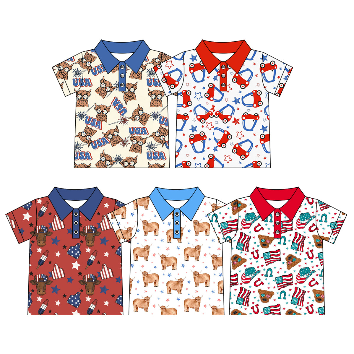 Custom moq 5 mix size Sibling Baby Boy's Short-Sleeved Polo Shirt Bull's Head Print  4th of July Kids' Top
