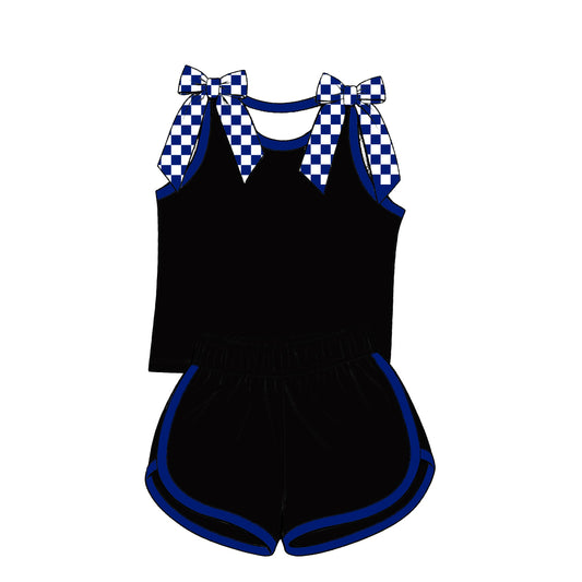 custom moq 5 mix size Baby Girls Blue Checked Bow Sleeveless Black Top Shorts Summer Casual Outfit Set