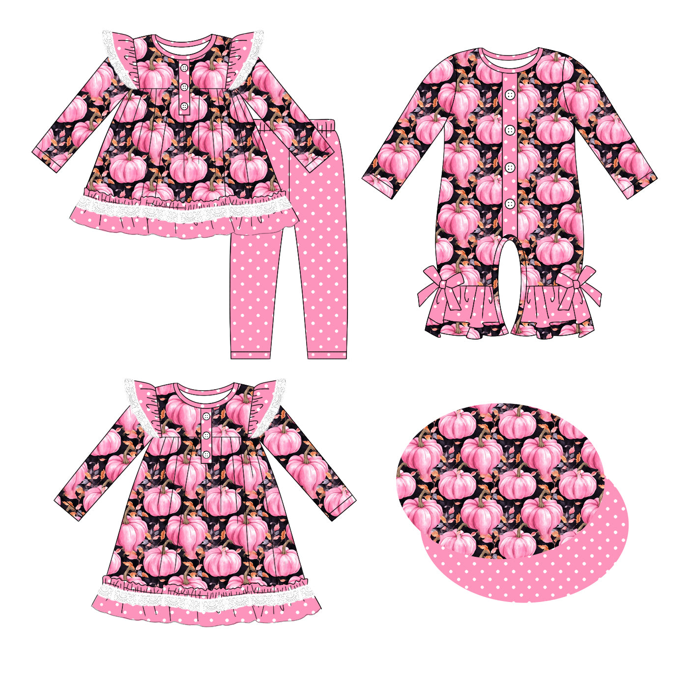 25.5.20 custom each style moq 5eta 4-6week Sibling Sisters pumpkin baby girl long sleeve pants sets and dress and rompers match family design