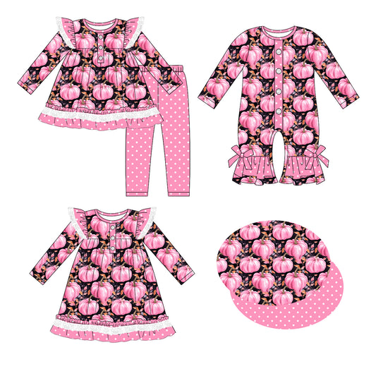25.5.20 custom each style moq 5eta 4-6week Sibling Sisters pumpkin baby girl long sleeve pants sets and dress and rompers match family design