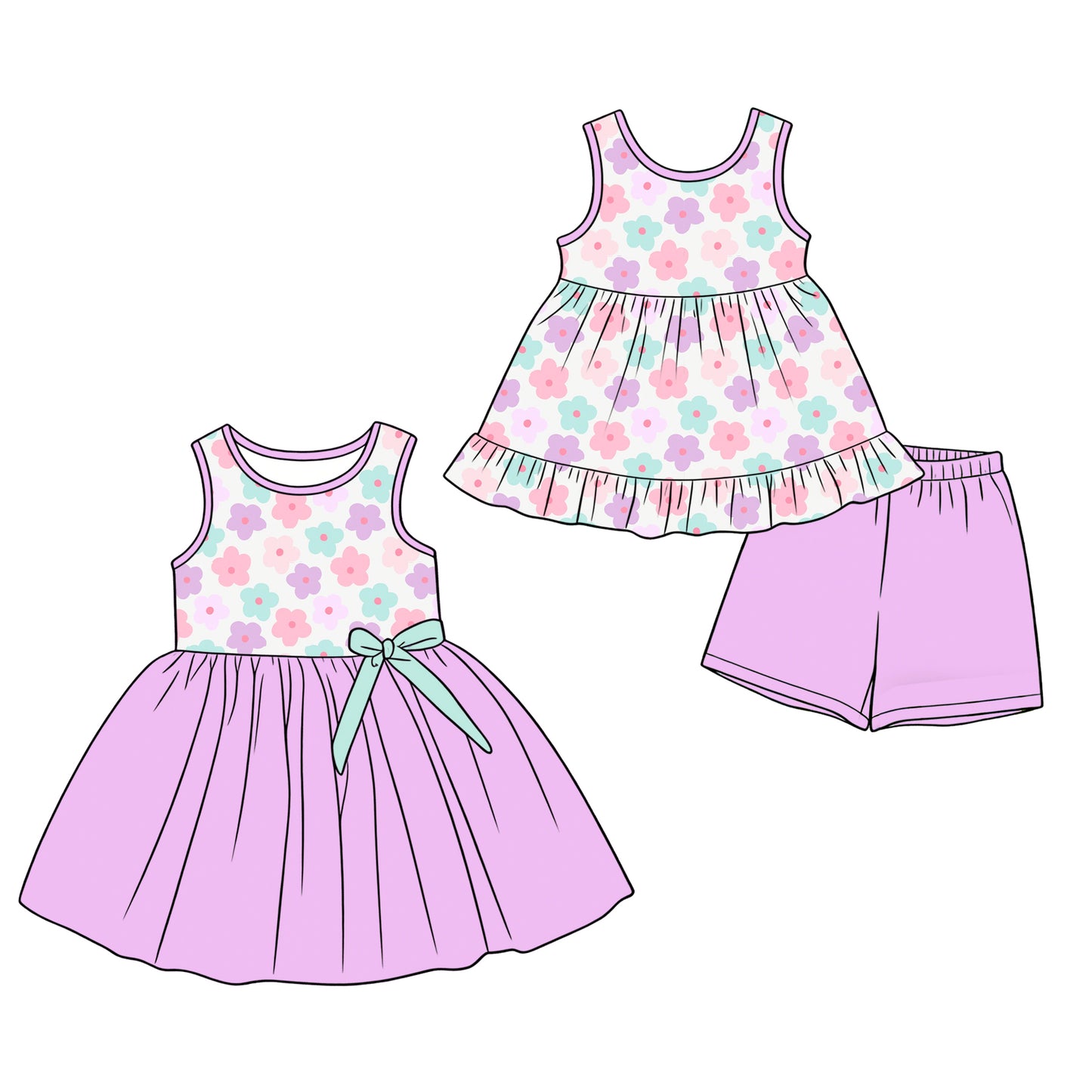 3.16 Custom moq 5 mix size Sibling Baby Girl's Purple Sleeveless Top And Shorts Set Cute Dress for Summer