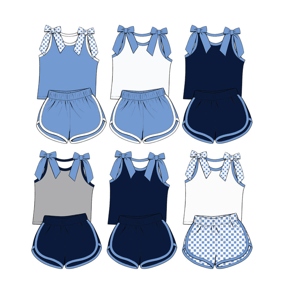 custom moq 5 mix size Baby Girls Light Blue Bow Sleeveless Top Shorts Summer Casual Clothes Set