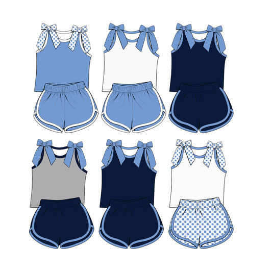 custom moq 5 mix size Baby Girls Light Blue Bow Sleeveless Top Shorts Summer Casual Clothes Set