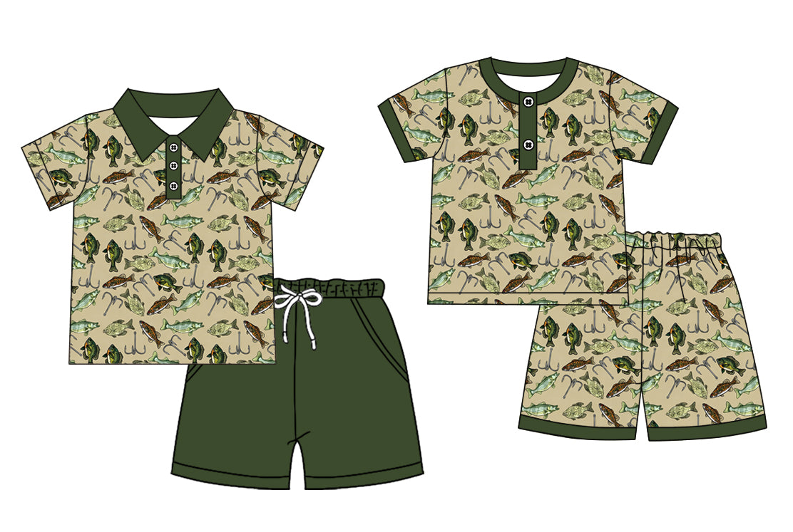 Custom moq 5 mix size Sibling Baby Boy's Fish print green Short-Sleeved Polo Shirt And Shorts Set Cute Pajama Set for Little Ones