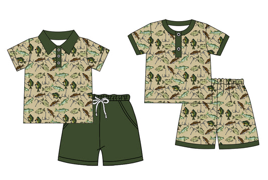 Custom moq 5 mix size Sibling Baby Boy's Fish print green Short-Sleeved Polo Shirt And Shorts Set Cute Pajama Set for Little Ones
