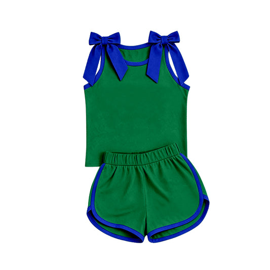 custom moq 5 mix size Baby Girls Blue Bow Green Sleeveless Top Shorts Clothes Set