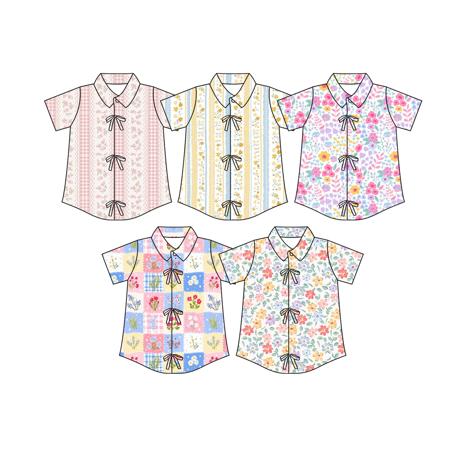 2.26 Custom moq 5 mix size Sibling Children's Floral Print Short-Sleeved Shirt with Bow Cute Kids' Top for Summer