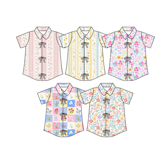 2.26 Custom moq 5 mix size Sibling Children's Floral Print Short-Sleeved Shirt with Bow Cute Kids' Top for Summer