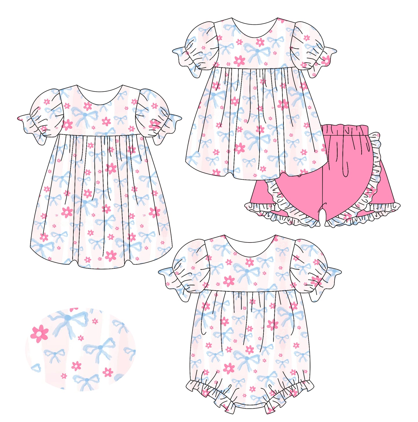 2.15 custom each style moq 5eta 4-6week Sibling Sisters bow floral baby girl short sleeve shorts sets and dress and rompers match family design