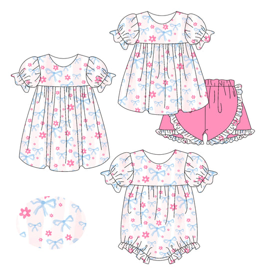 2.15 custom each style moq 5eta 4-6week Sibling Sisters bow floral baby girl short sleeve shorts sets and dress and rompers match family design