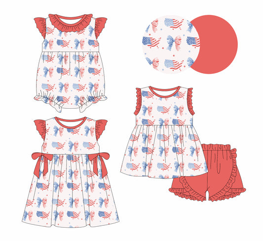 25.12.29 custom each style moq 5 eta 6-8week Sibling Sister bow baby short sleeve shorts sets and romper and dress match design