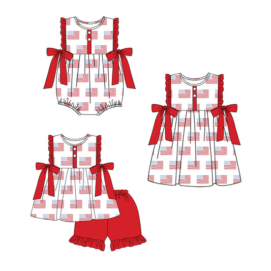 4.1 Custom moq 5 mix size Sibling Baby Girl's 4th of July Sleeveless Tunic Ruffle Shorts Set Cute Romper Dress for Summer
