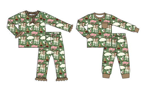 25.8.20 custom each style moq 5 eta 4-6week Sibling Sisters Christmas pig cow baby girl long sleeve pants sets 2